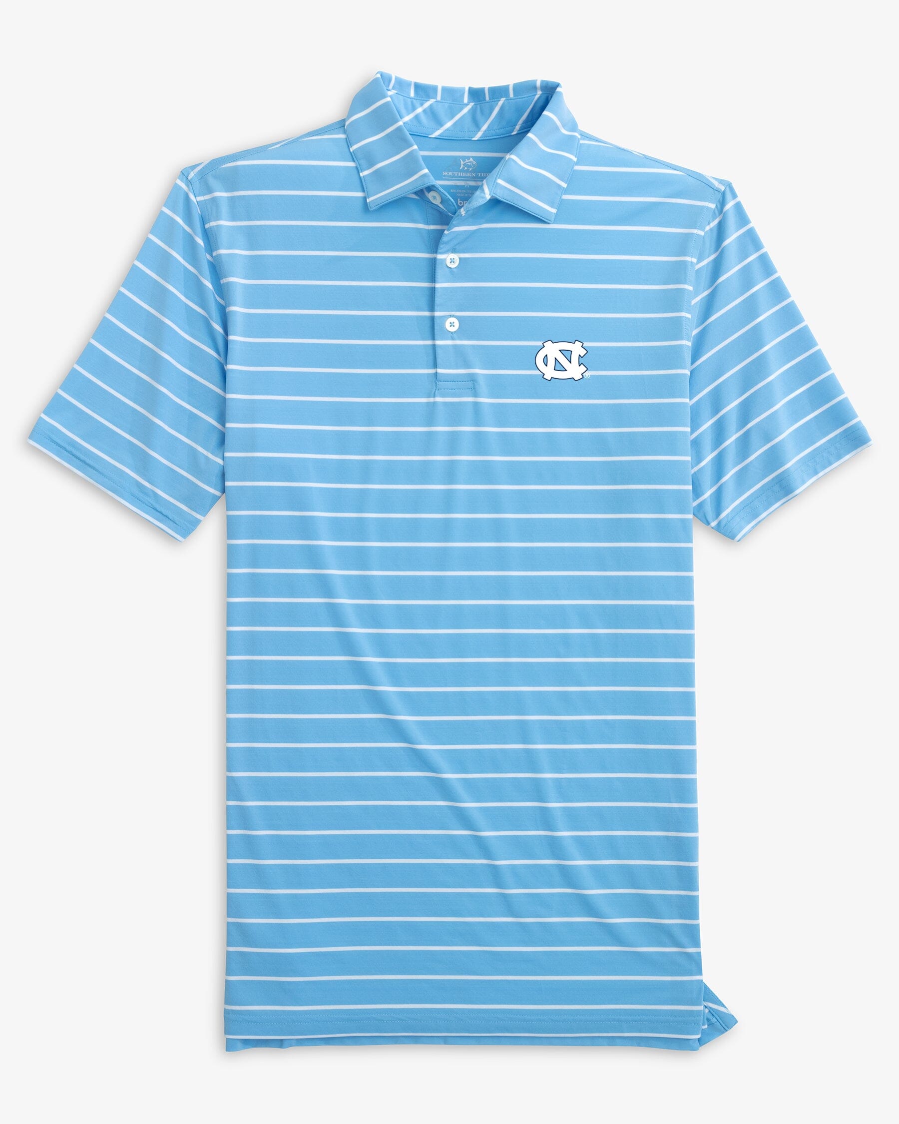 The front view of the UNC Tar Heels Brreeze Desmond Stripe Performance Polo by Southern Tide - Rush Blue