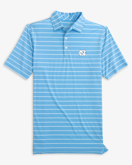 The front view of the UNC Tar Heels Brreeze Desmond Stripe Performance Polo by Southern Tide - Rush Blue
