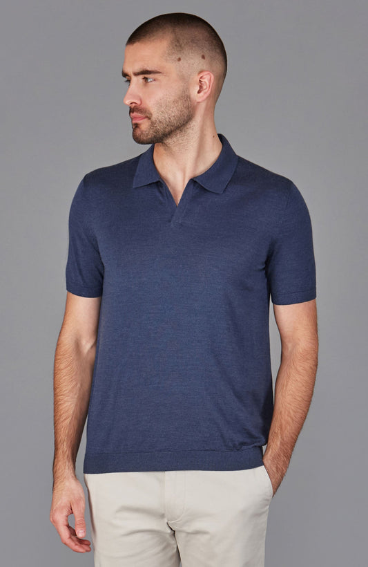 blue mens open collar merino silk sweater