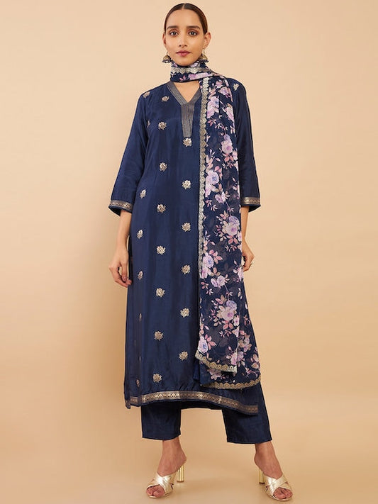 Soch Women Navy Blue Floral Printed Beads and Stones Kurta with Trousers & Dupatta