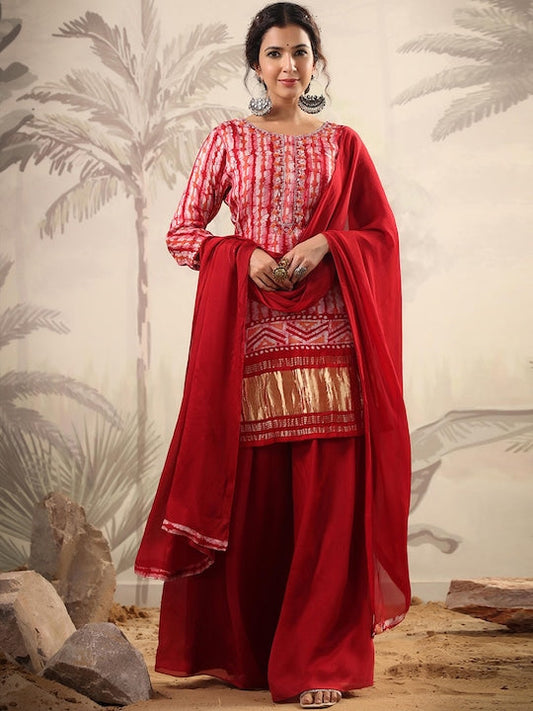 Scakhi Abstract Printed Beads and Stones Pure Silk Kurti with Palazzos & With Dupatta