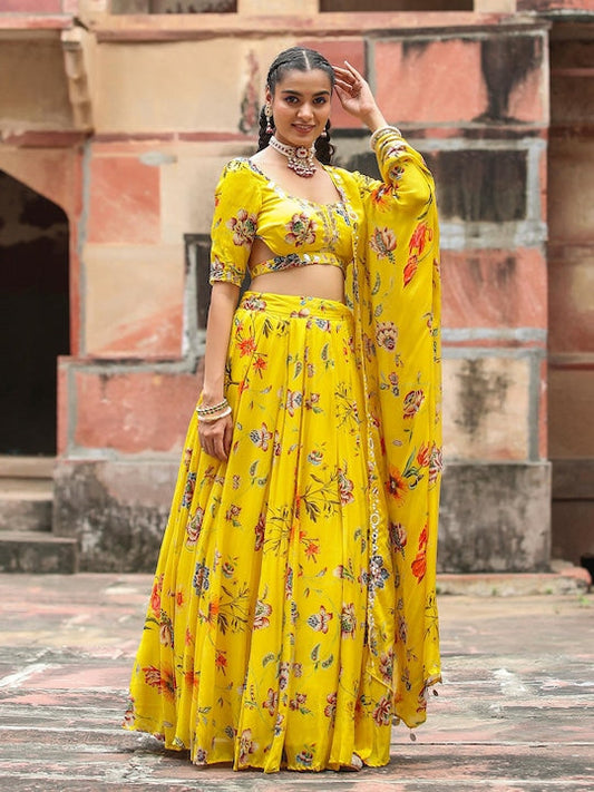 Scakhi Printed Mirror Work Ready to Wear Lehenga & Blouse With Dupatta