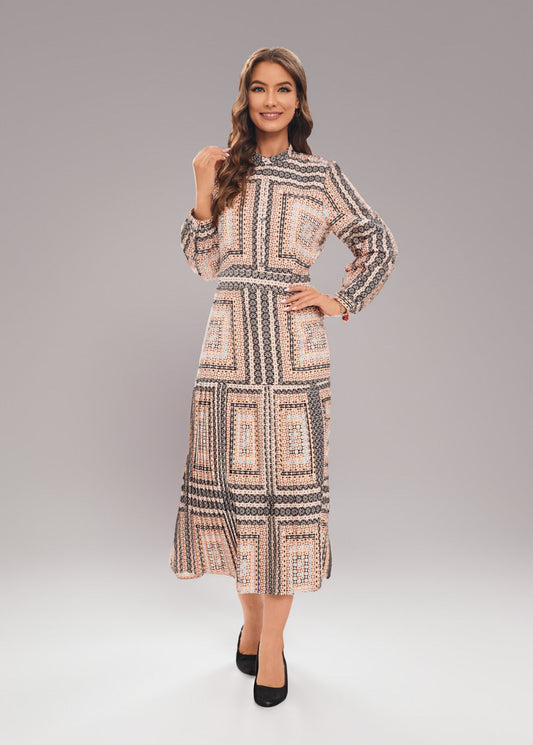 Vibrant Beige Pleated Midi Dress