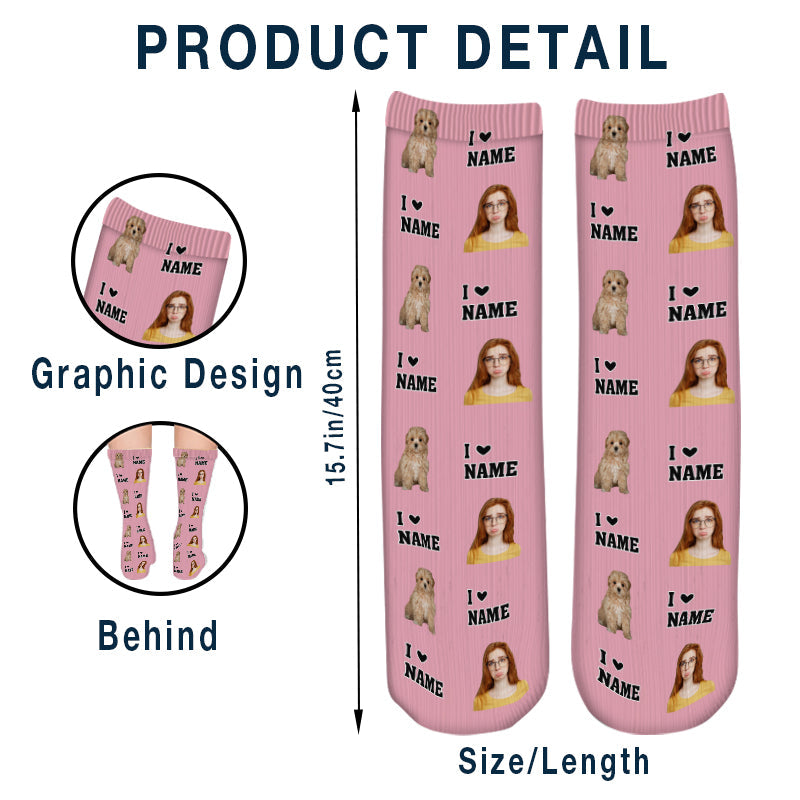 Custom Photo Face I Love You -  Personalized Customized Socks - Gift For Pet Lover