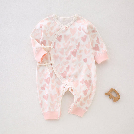 Soft and Comfy Newborn Baby Spring/Autumn Romper with Heart Pattern and Gentle Tie Closure