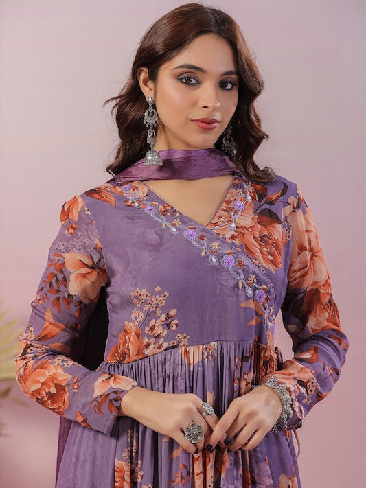 Scakhi Floral Printed Angrakha Sequinned Silk Crepe Kurta with Trousers & With Dupatta