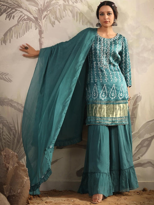 Scakhi Ethnic Motifs Printed Beads and Stones Pure Silk Kurti with Sharara & With Dupatta