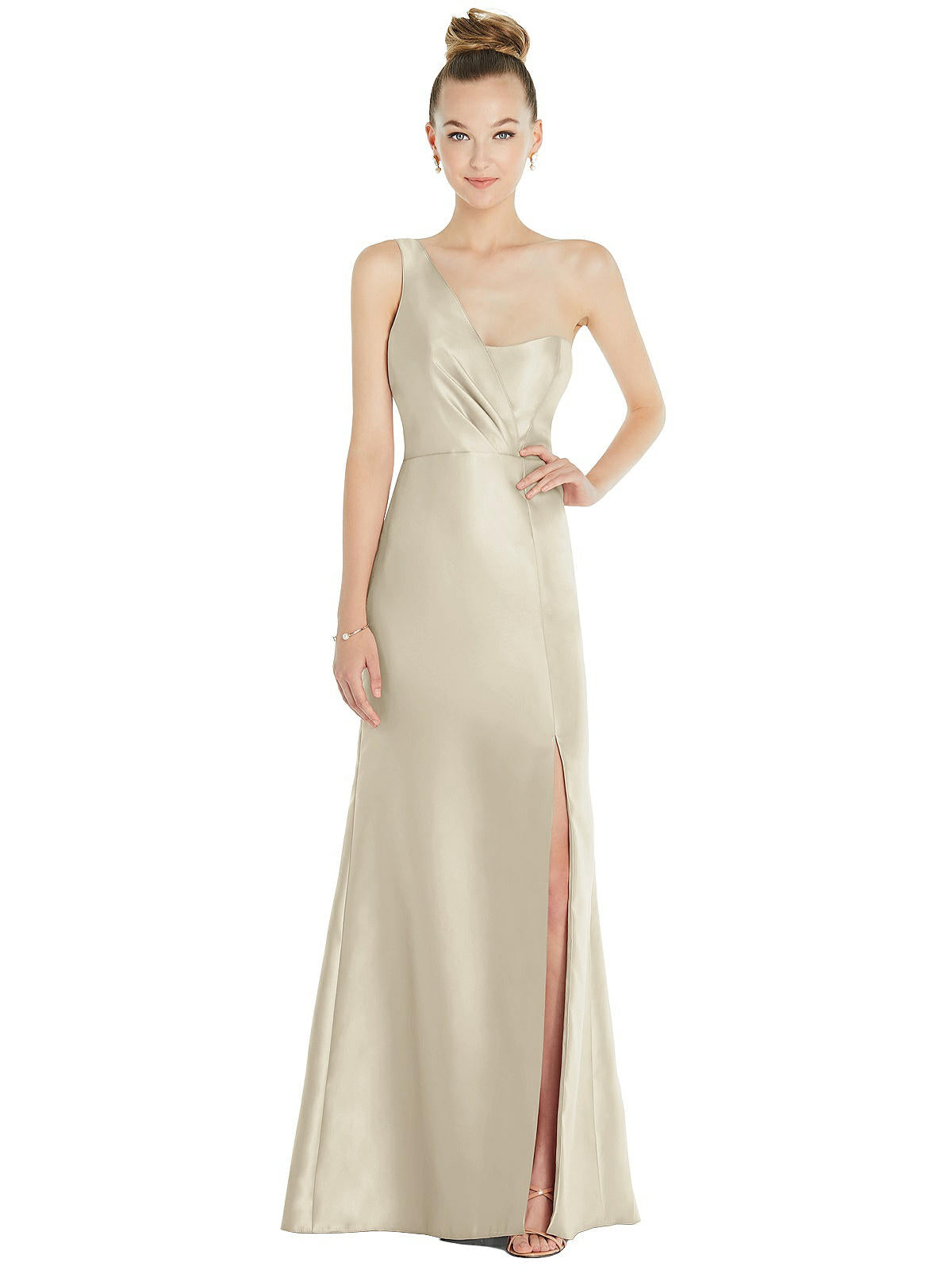 Draped One-Shoulder Satin Trumpet Gown with Front Slit