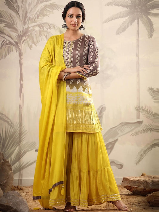Scakhi Geometric Printed Beads and Stones Pure Silk Kurta with Sharara & With Dupatta