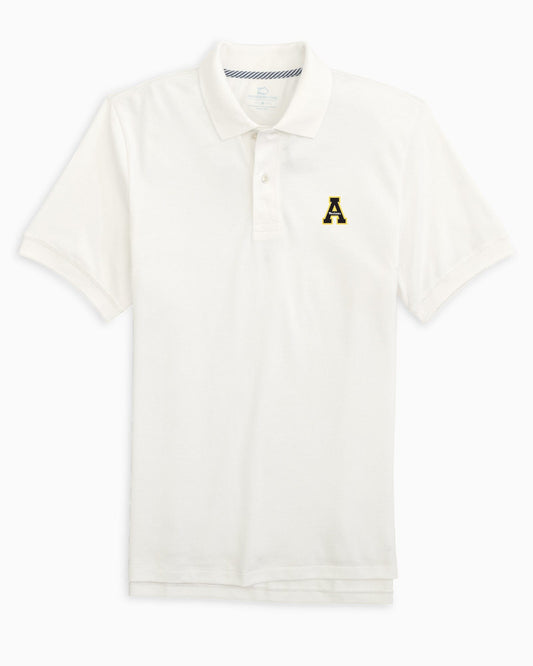 The front view of the App State Mountaineers Skipjack Polo by Southern Tide - Classic White