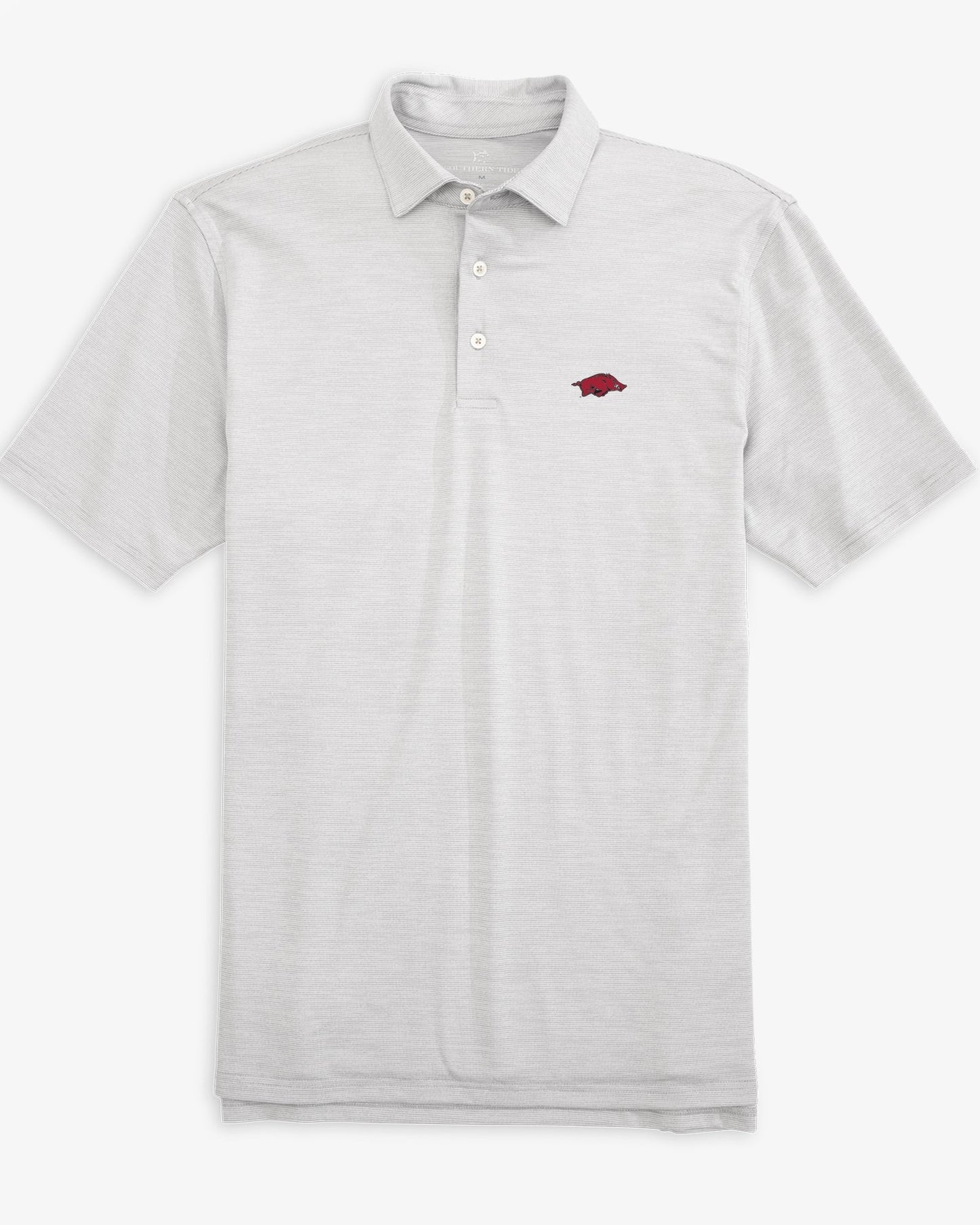 The front of the Arkansas Razorbacks Driver Spacedye Polo Shirt by Southern Tide - Slate Grey