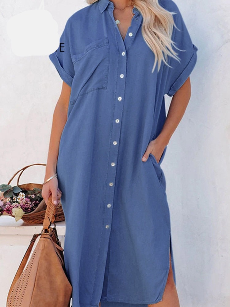 Sexy Collar Bell Loose Button Midi Dress