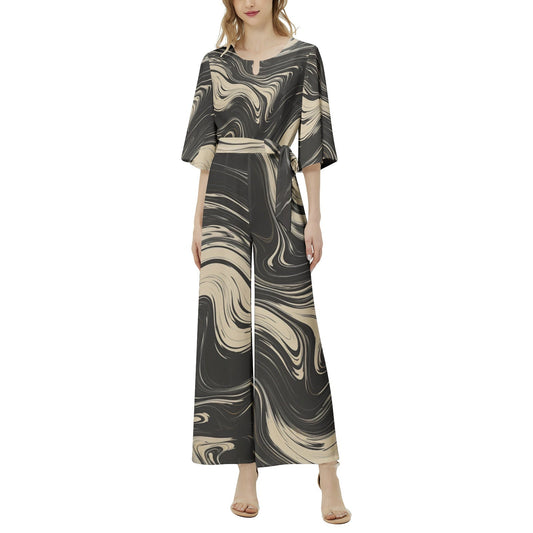 Black & Beige Abstract Wave Elegant Dolman Belted Jumpsuit