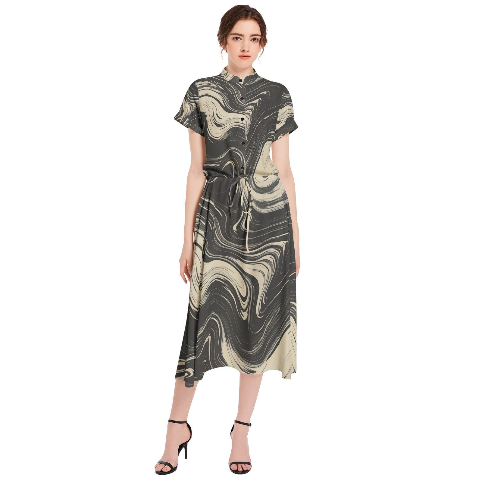 Black & Beige Abstract Wave Pattern Drawstring Waist A-line Flared Midi Dress