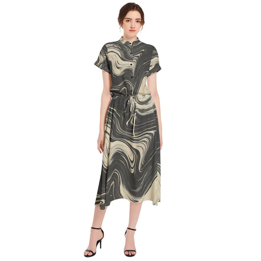 Black & Beige Abstract Wave Pattern Drawstring Waist A-line Flared Midi Dress