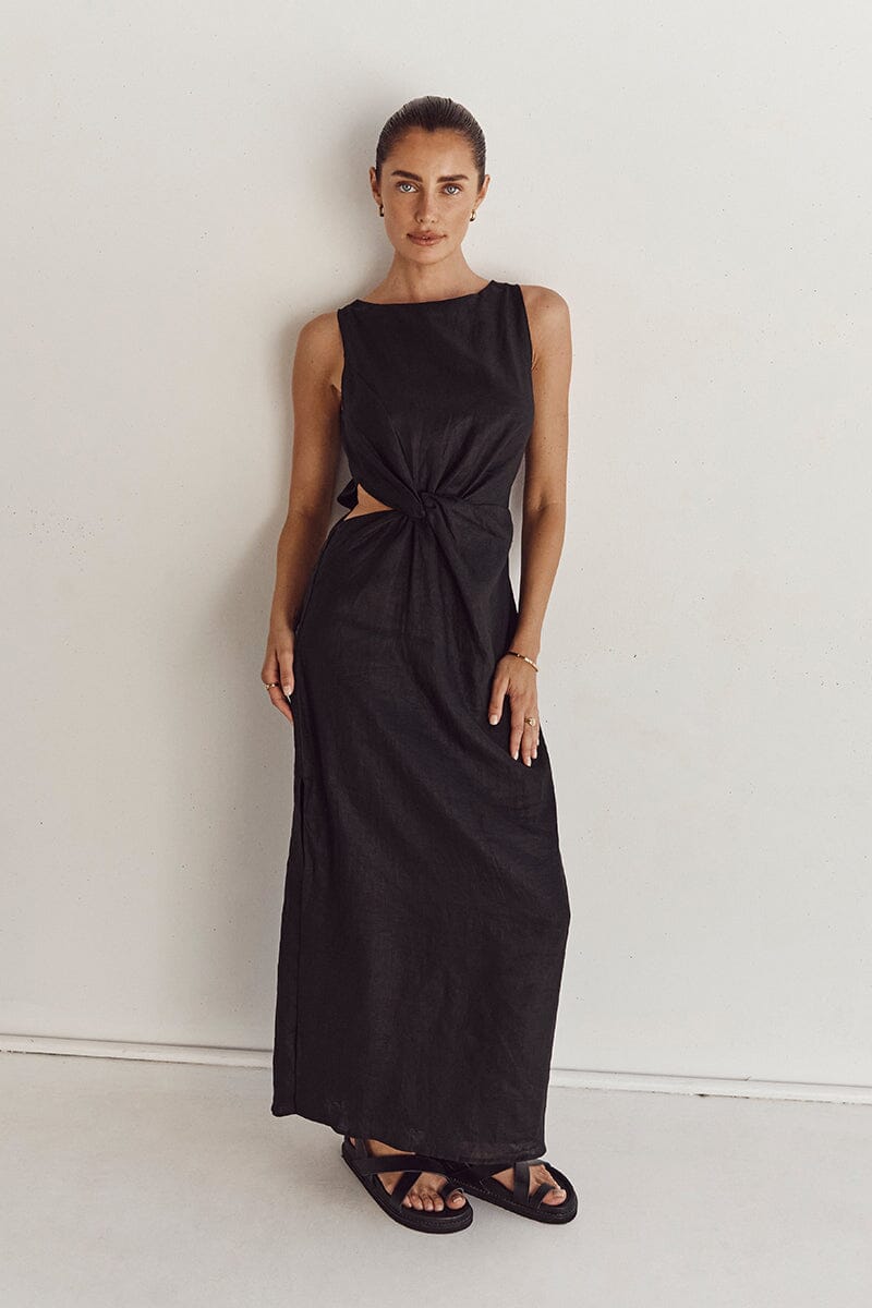 LEILANI BLACK LINEN MIDI DRESS Clothing DISSH Boutiques 12 BLACK