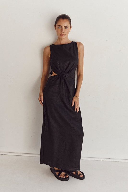 LEILANI BLACK LINEN MIDI DRESS Clothing DISSH Boutiques 12 BLACK