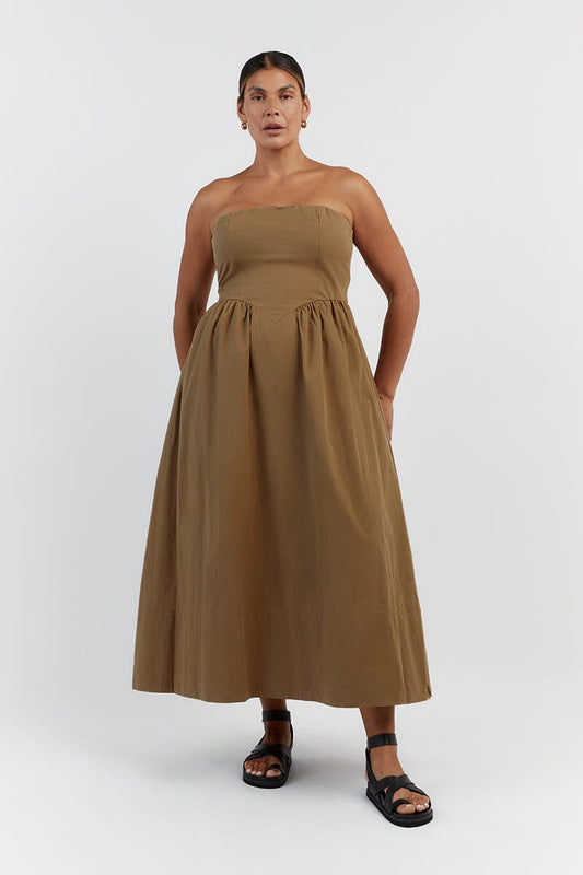 HYLAND COFFEE STRAPLESS MIDI DRESS Clothing DISSH Boutiques 16 COFFEE