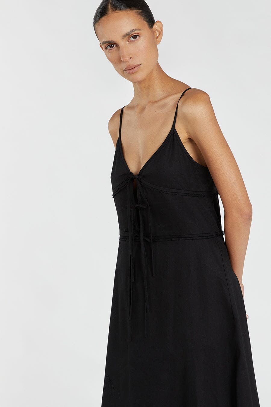 MIMI BLACK LINEN MIDI DRESS