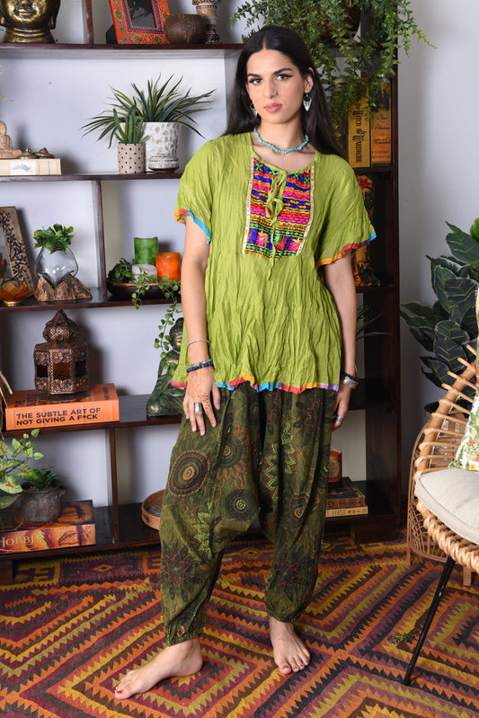 Cotton Floral Alladin Pants Elastic Waist Cuffed Ankles