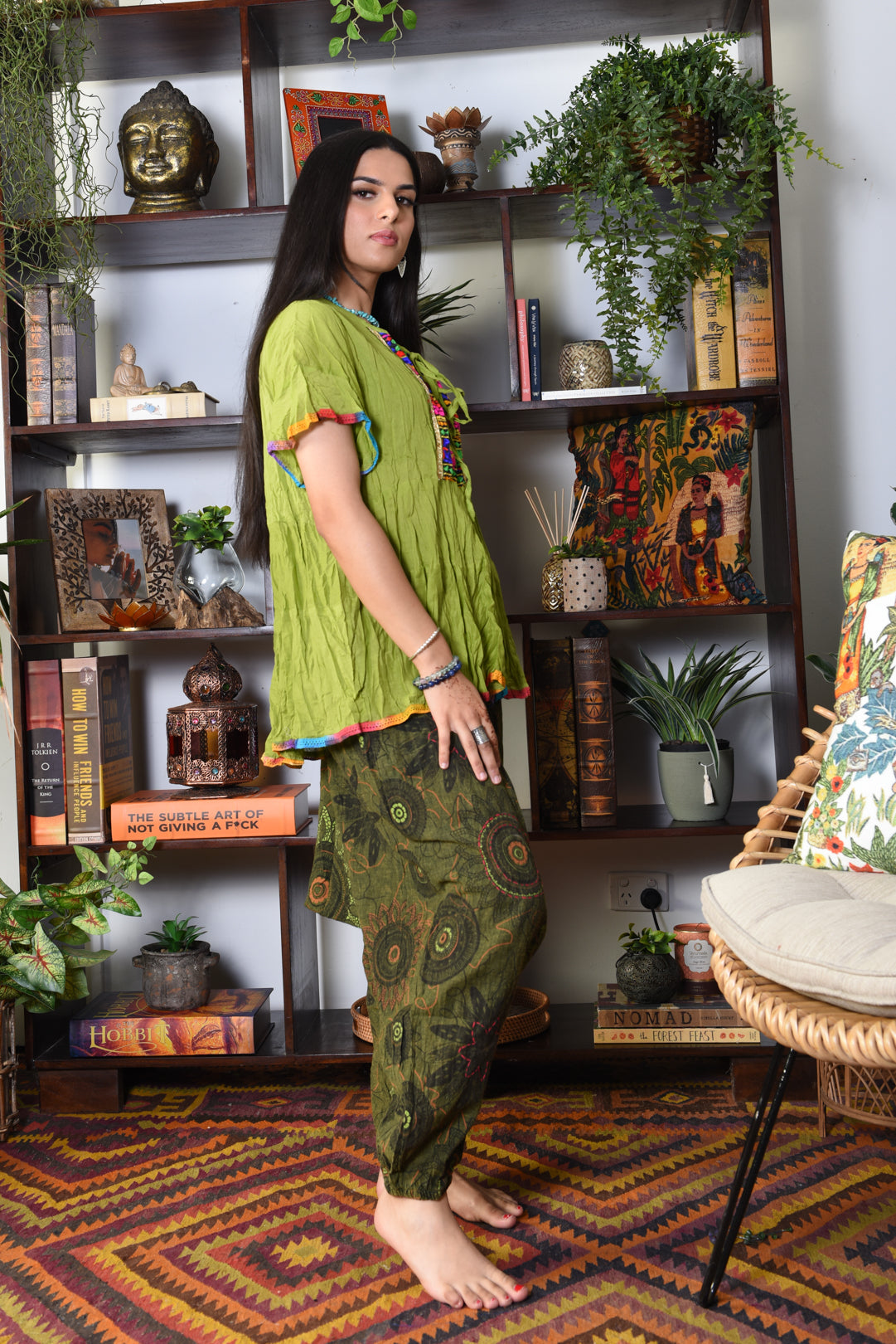 Cotton Floral Alladin Pants Elastic Waist Cuffed Ankles