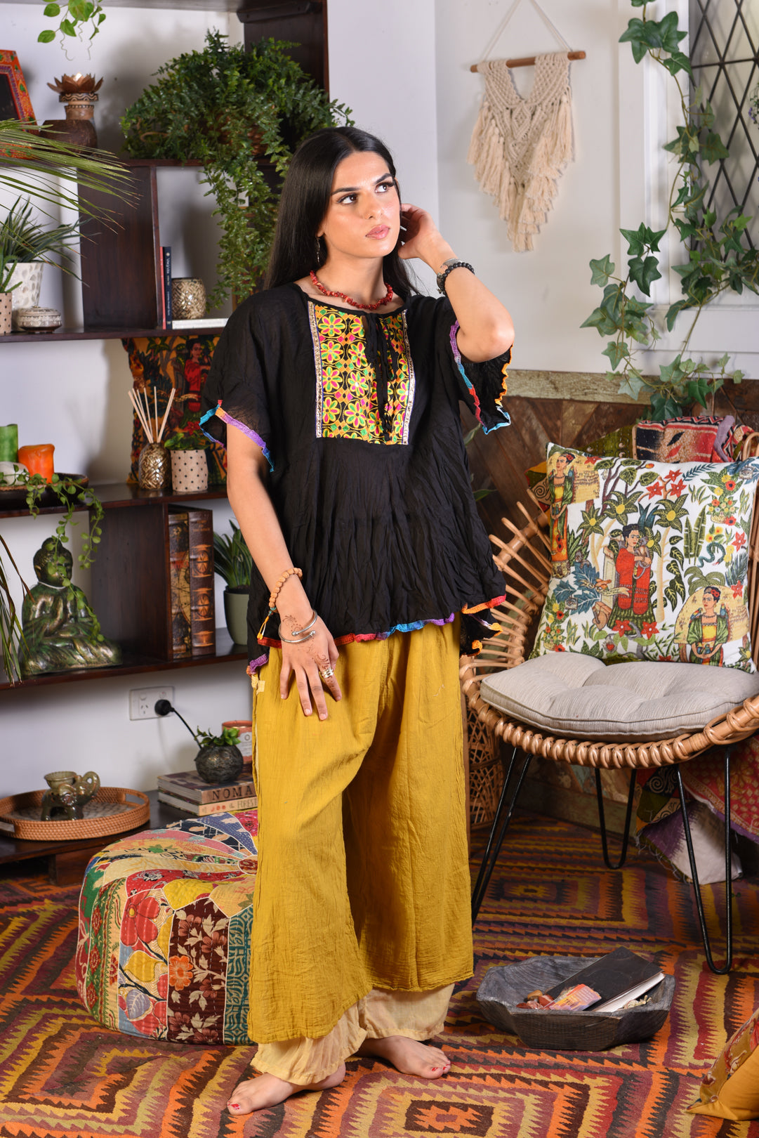 Cotton 2 Layer Pants With Side Splits And Elastic Waist
