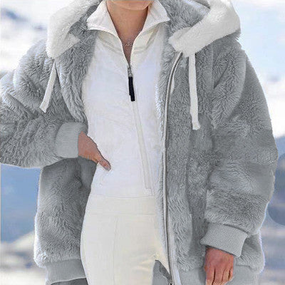 Warm Plush and Zipper Pocket Hooded Loose Jacket
