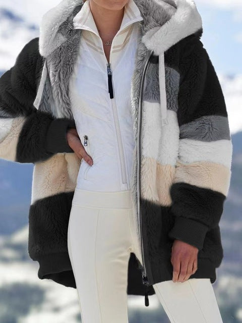 Warm Plush and Zipper Pocket Hooded Loose Jacket