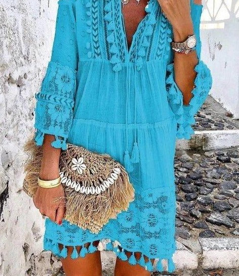 Boho Solid Hollow Out Lace Tassel Long Dress