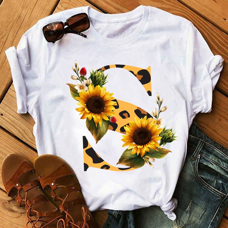 Leopard Sunflower Letter Print T- Shirt