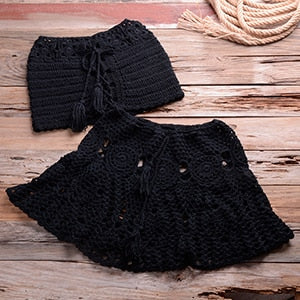 Sexy Solid Color Off Shoulder Crochet High Waist Bikini Set
