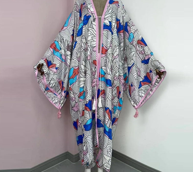 Boho Cotton Self Belted Tunic Kimono Wrap Dress