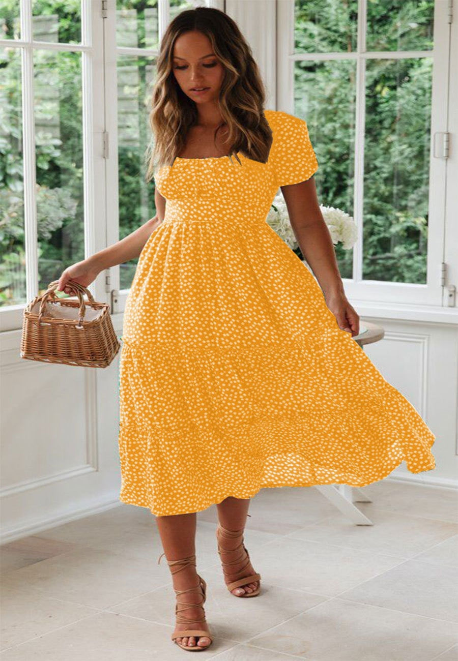 Casual Puff Sleeve Floral Print Long Slim Dress
