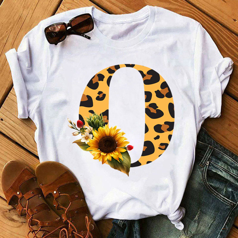 Leopard Sunflower Letter Print T- Shirt