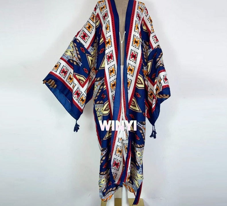 Boho Cotton Self Belted Tunic Kimono Wrap Dress