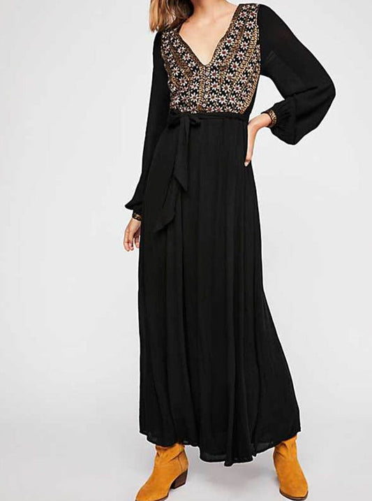 Vintage Boho Black Cotton Floral Embroidered Sashes Maxi Dress