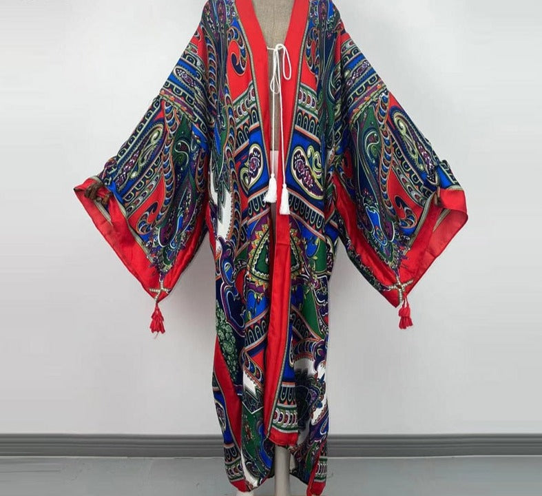 Boho Cotton Self Belted Tunic Kimono Wrap Dress