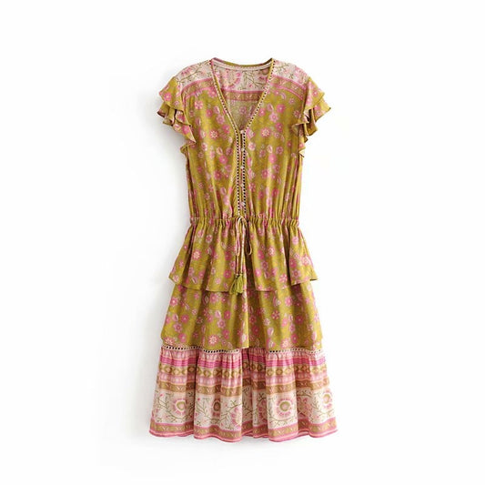 Yellow Floral Print V-neck Lace Ladies Rayon Tassel Sundress