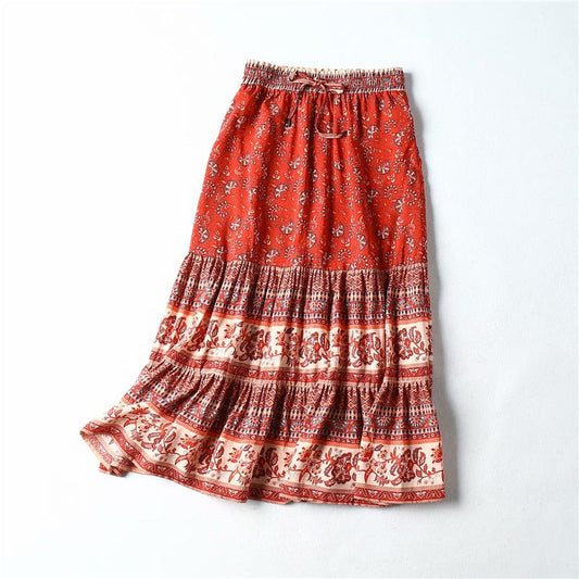 Boho Floral Peacock High Elastic Waist Midi A-Line Skirt