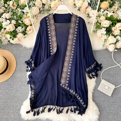 Vintage Embroidered Long Kimono Loose Cardigan