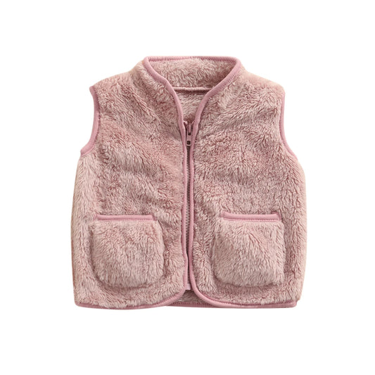 Kids Solid Color V-neck Zipper Outerwear with Pockets