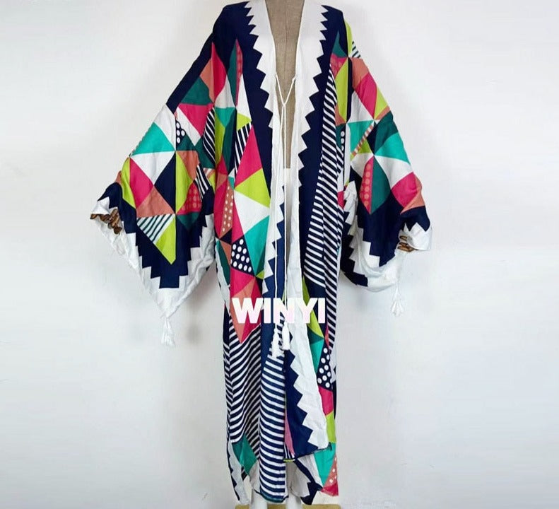 Boho Cotton Self Belted Tunic Kimono Wrap Dress