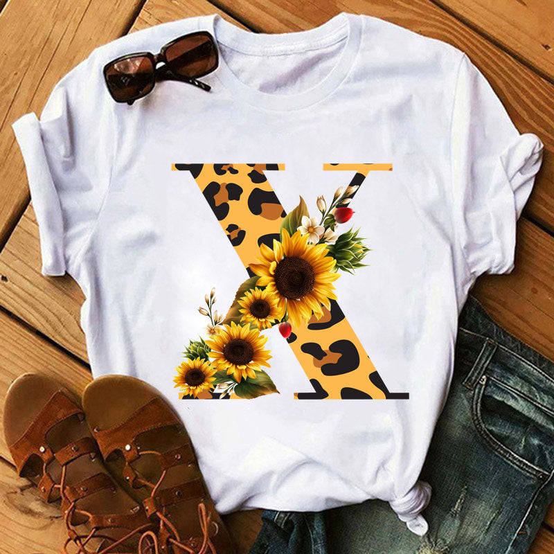 Leopard Sunflower Letter Print T- Shirt