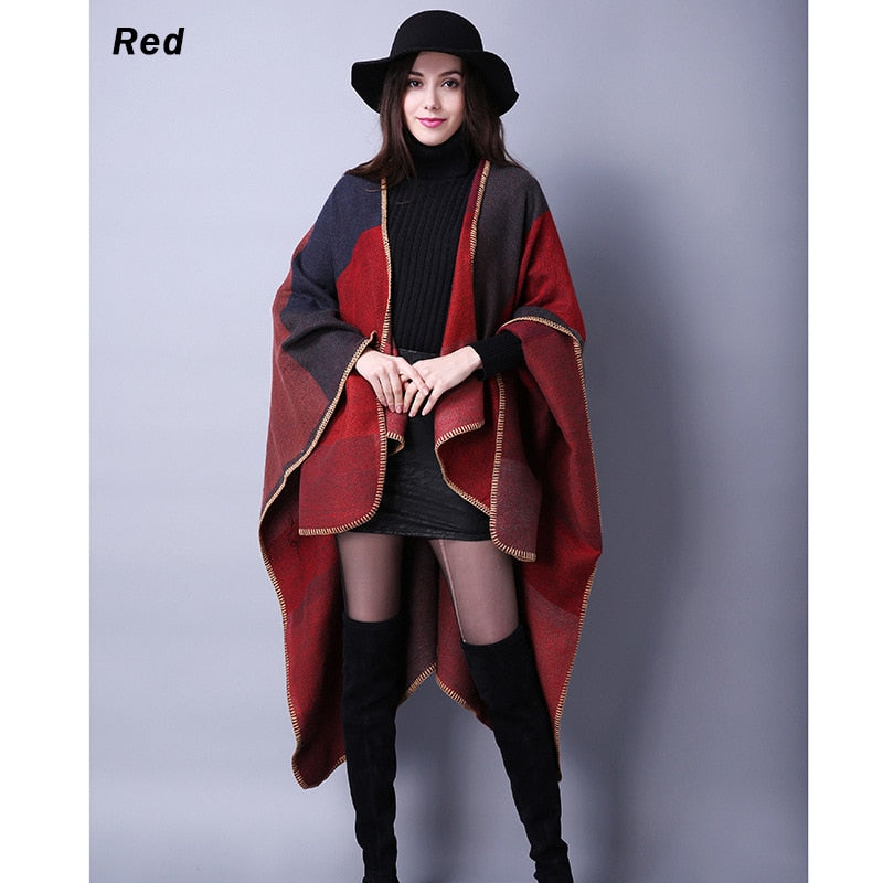 Women Plaid Thick Imitation Poncho Cashmere Cape