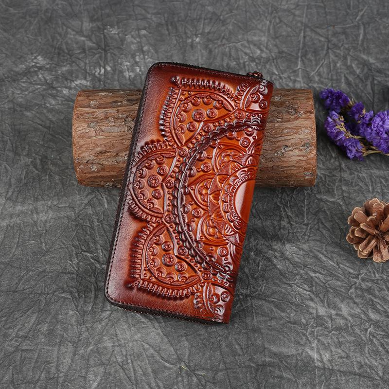 Nature Cow Leather Handmade Floral Phone Purse Card Holder