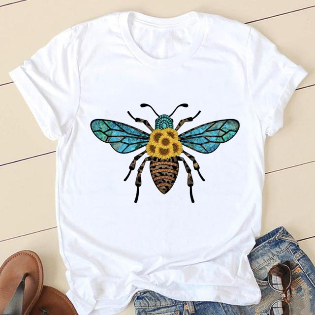 Short Sleeve Love Cartoon Print O-neck T-shirt - size small