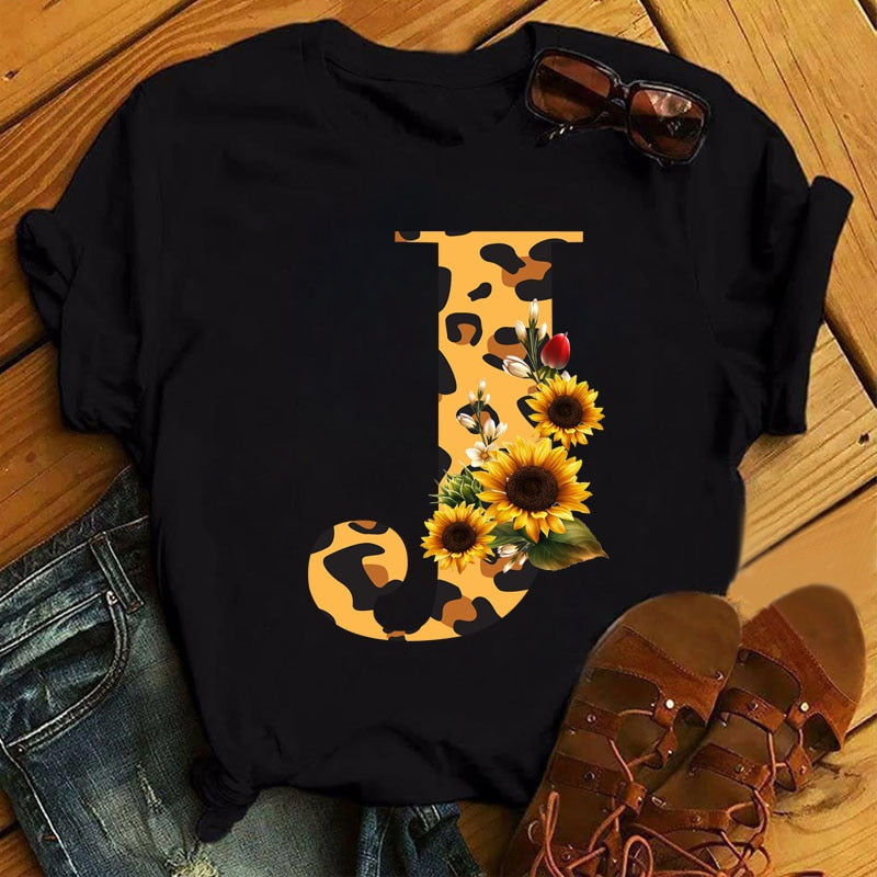 Leopard Sunflower Letter Print T- Shirt