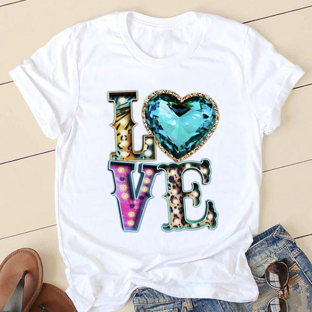 Short Sleeve Love Cartoon Print O-neck T-shirt - size small