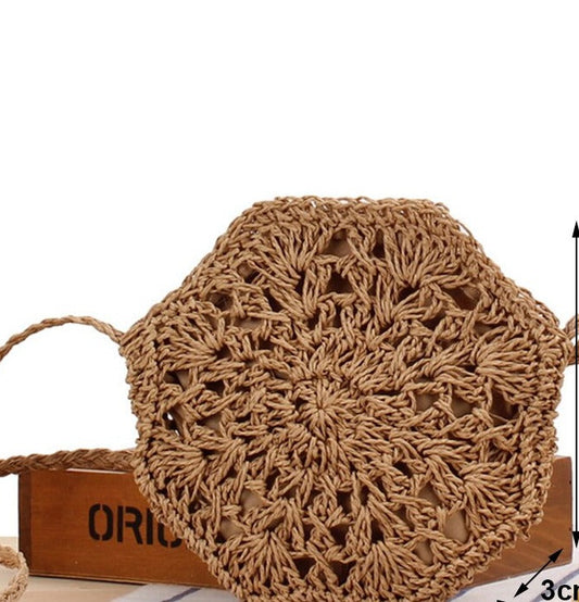 Handmade Rattan Straw Half Moon Round Handbag