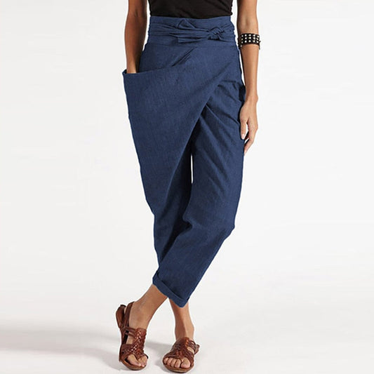 Solid Color Irregular Lacing Loose Cropped Trousers